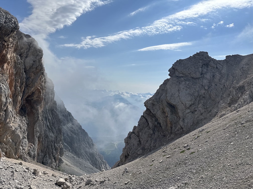 View looking east from Forcella delle Sasse, the highest point of the route at 2476 meters.