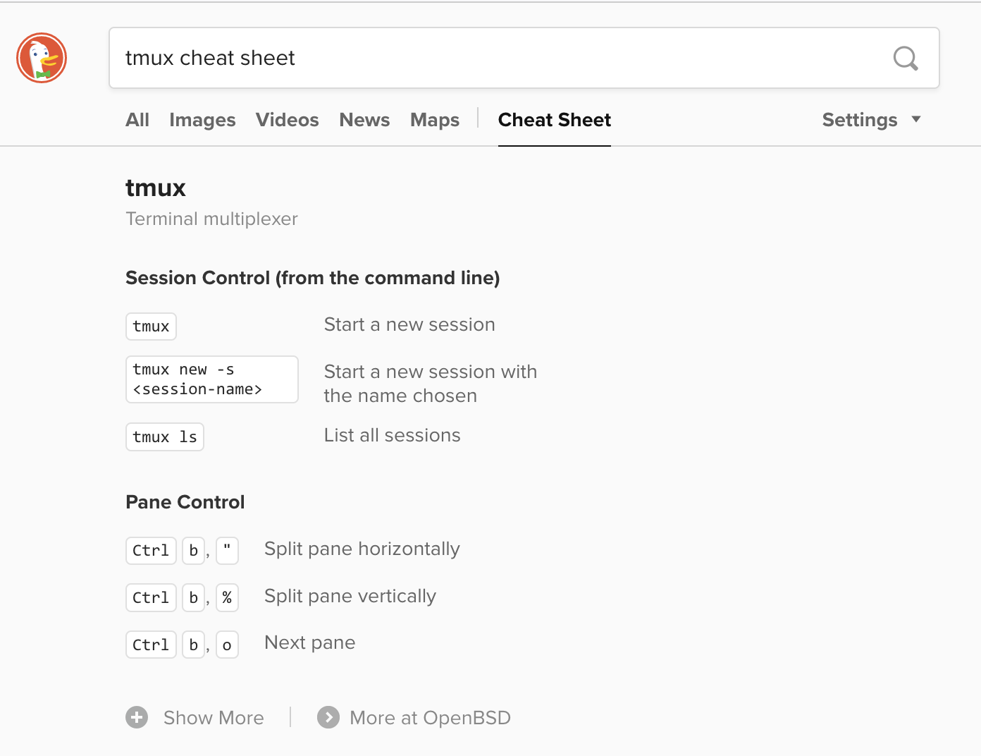 DuckDuckGo provides an in-page tmux cheat sheet