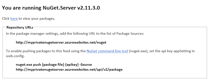 The NuGet server is up and running on Azure