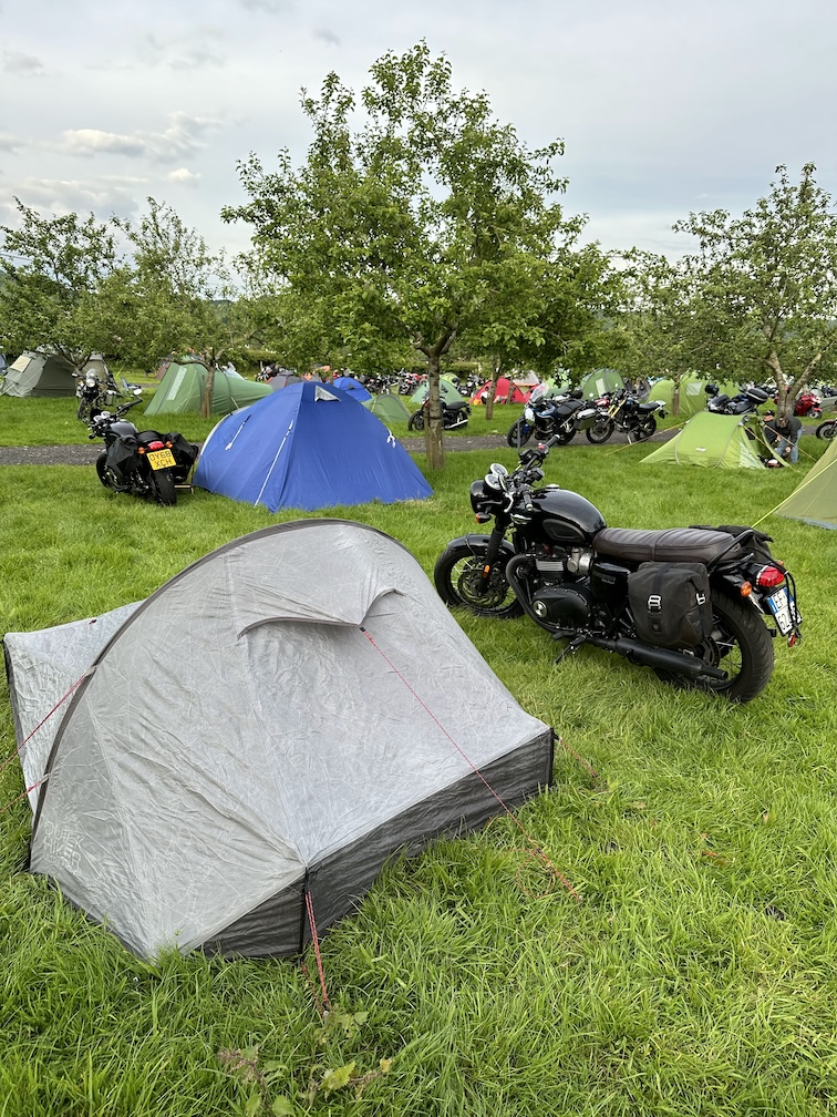My tent &amp; Bonneville at the Trifest 75 campsite.